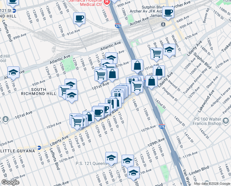 map of restaurants, bars, coffee shops, grocery stores, and more near 101-34 132nd Street in Queens