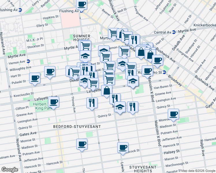 map of restaurants, bars, coffee shops, grocery stores, and more near 143 Lewis Avenue in Brooklyn
