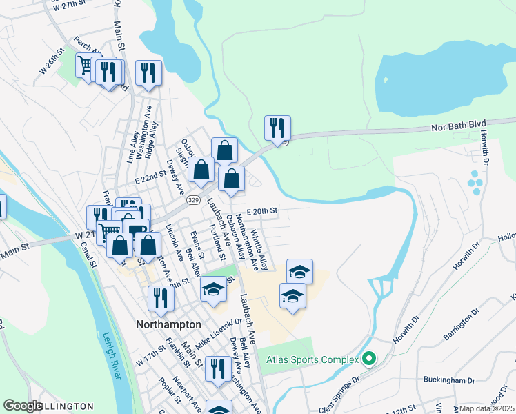 map of restaurants, bars, coffee shops, grocery stores, and more near 543 East 20th Street in Northampton