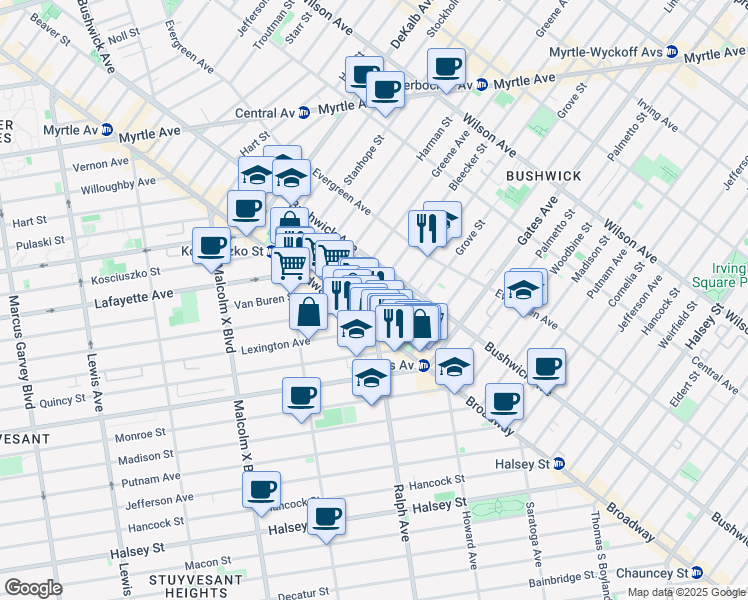 map of restaurants, bars, coffee shops, grocery stores, and more near 22 Goodwin Place in Brooklyn