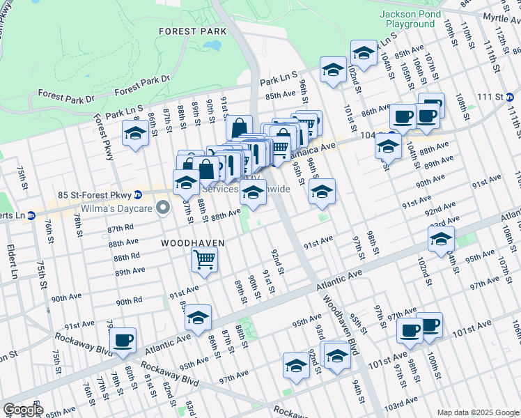 map of restaurants, bars, coffee shops, grocery stores, and more near 9206 88th Avenue in Queens