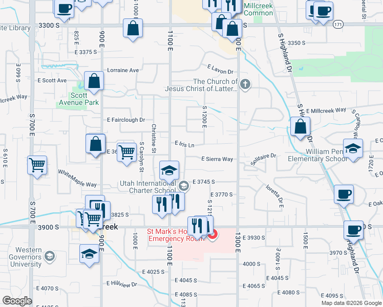 map of restaurants, bars, coffee shops, grocery stores, and more near 1161 East Sierra Way in Millcreek
