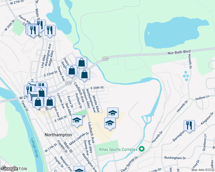 map of restaurants, bars, coffee shops, grocery stores, and more near 655 East 20th Street in Northampton