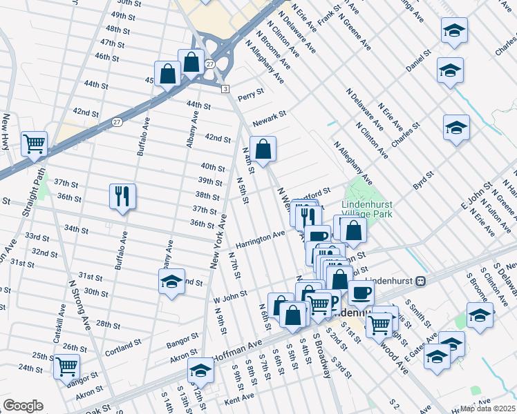 map of restaurants, bars, coffee shops, grocery stores, and more near 396 North 5th Street in Lindenhurst