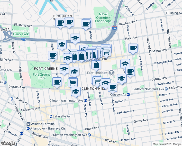 map of restaurants, bars, coffee shops, grocery stores, and more near Washington Avenue & Willoughby Avenue in Brooklyn