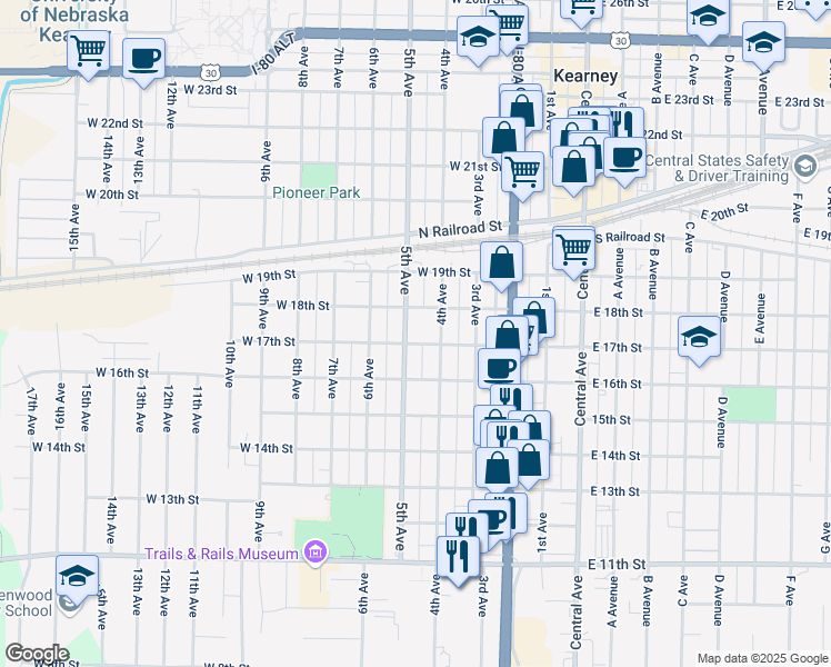 map of restaurants, bars, coffee shops, grocery stores, and more near 417 West 17th Street in Kearney