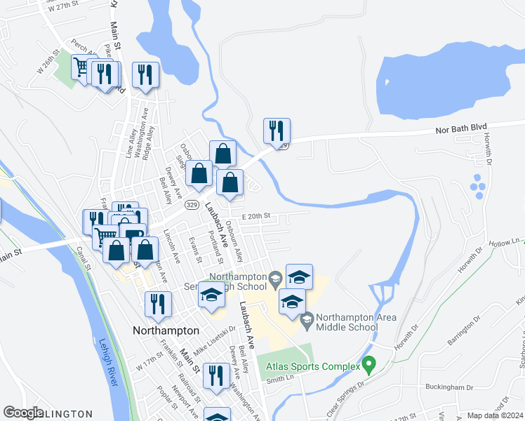 map of restaurants, bars, coffee shops, grocery stores, and more near 603 East 20th Street in Northampton
