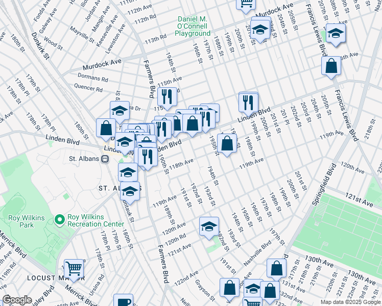 map of restaurants, bars, coffee shops, grocery stores, and more near 117-31 193rd Street in Queens