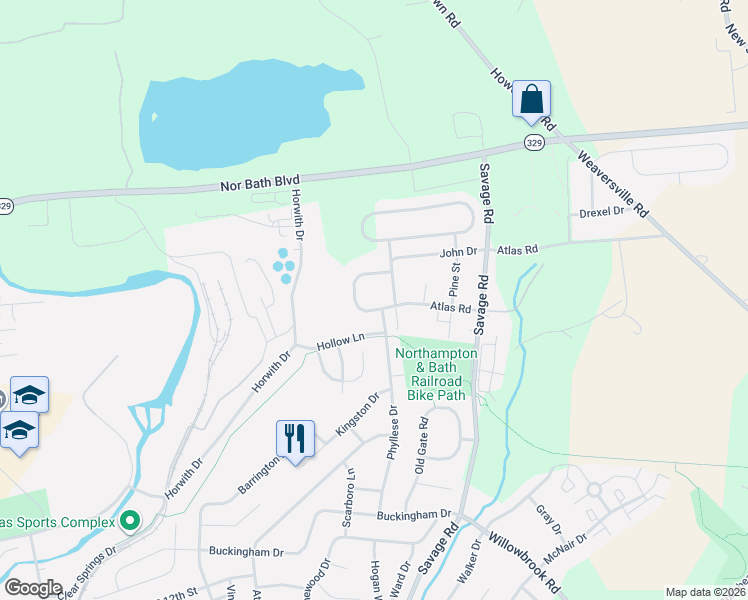 map of restaurants, bars, coffee shops, grocery stores, and more near 824 Atlas Road in Northampton