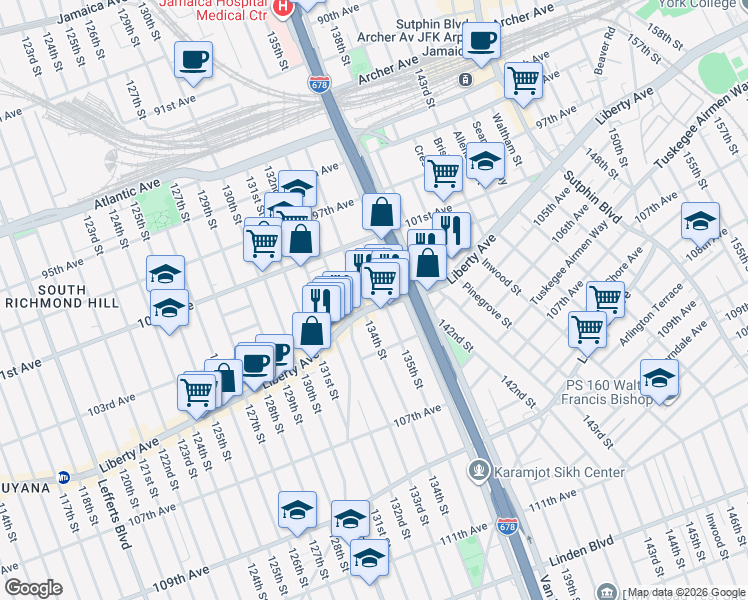 map of restaurants, bars, coffee shops, grocery stores, and more near 102-39 135th Street in Queens