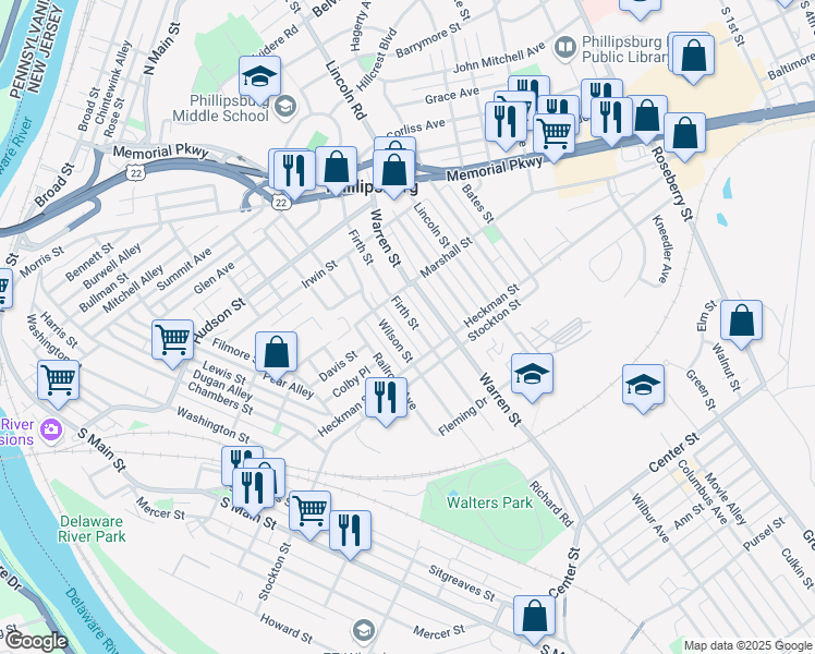 map of restaurants, bars, coffee shops, grocery stores, and more near 362 Firth Street in Phillipsburg