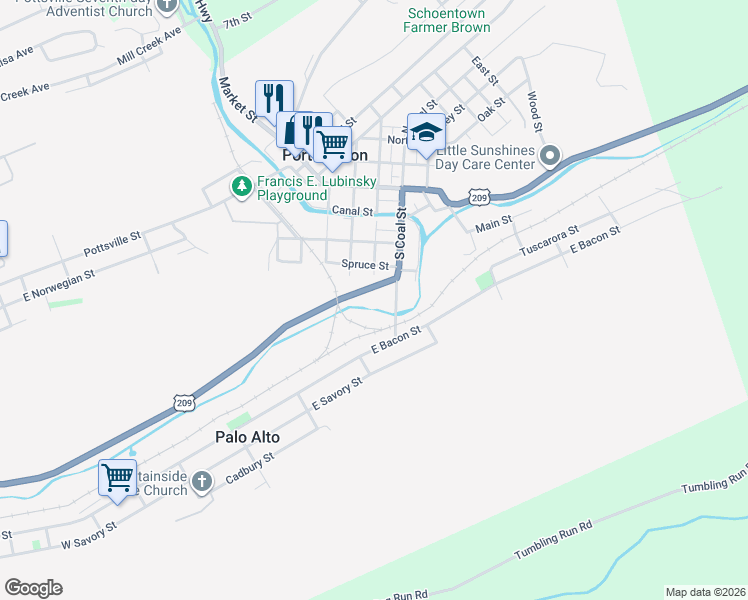 map of restaurants, bars, coffee shops, grocery stores, and more near 9 Coal Street in Port Carbon