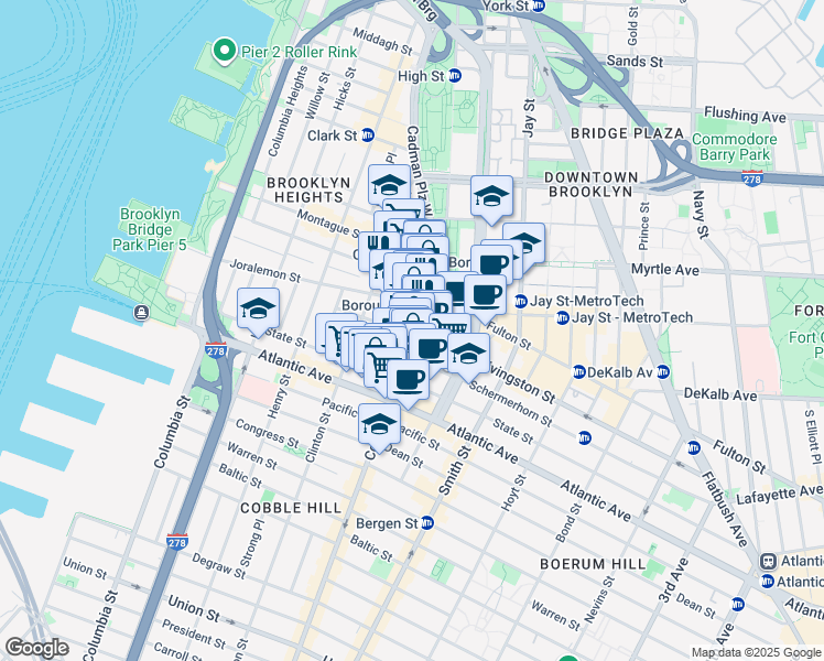 map of restaurants, bars, coffee shops, grocery stores, and more near 86 Court Street in Brooklyn