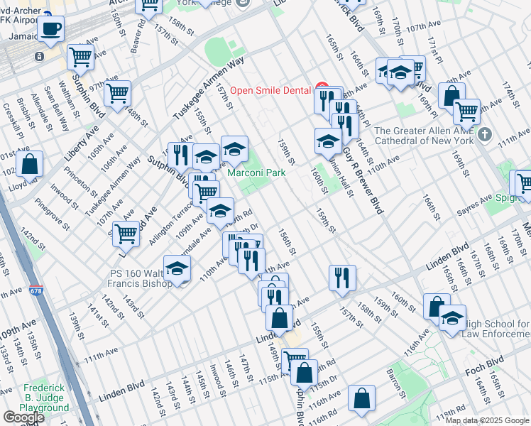 map of restaurants, bars, coffee shops, grocery stores, and more near 109-32 156th Street in Queens
