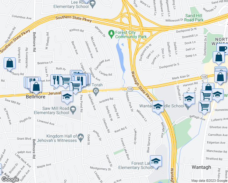 map of restaurants, bars, coffee shops, grocery stores, and more near 2954 Jerusalem Avenue in Wantagh