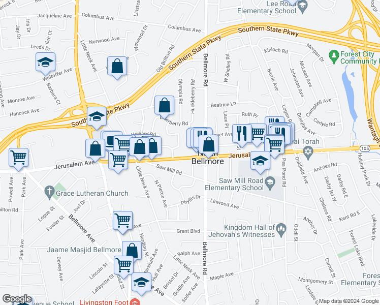 map of restaurants, bars, coffee shops, grocery stores, and more near 2619 Jerusalem Avenue in North Bellmore