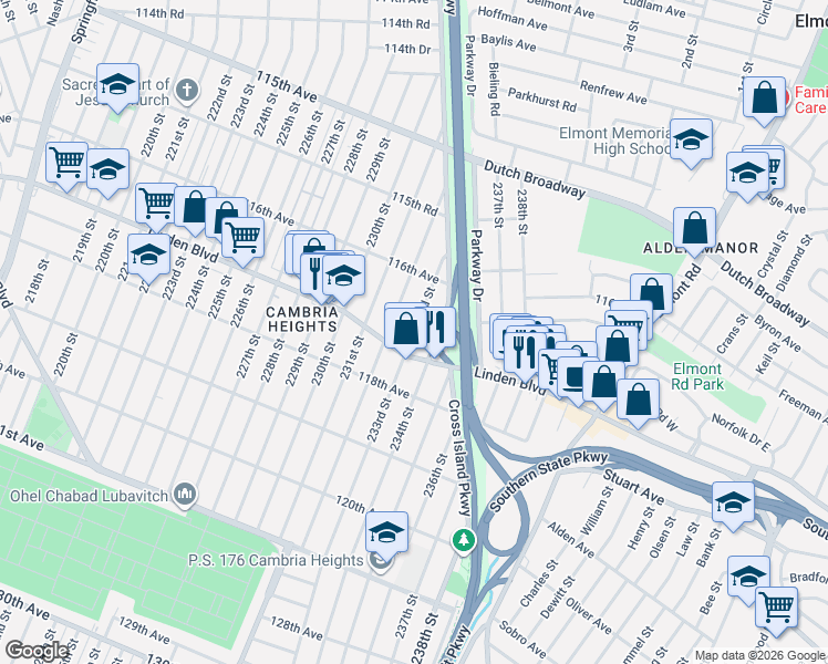 map of restaurants, bars, coffee shops, grocery stores, and more near 116-44 Cross Island Parkway in Queens