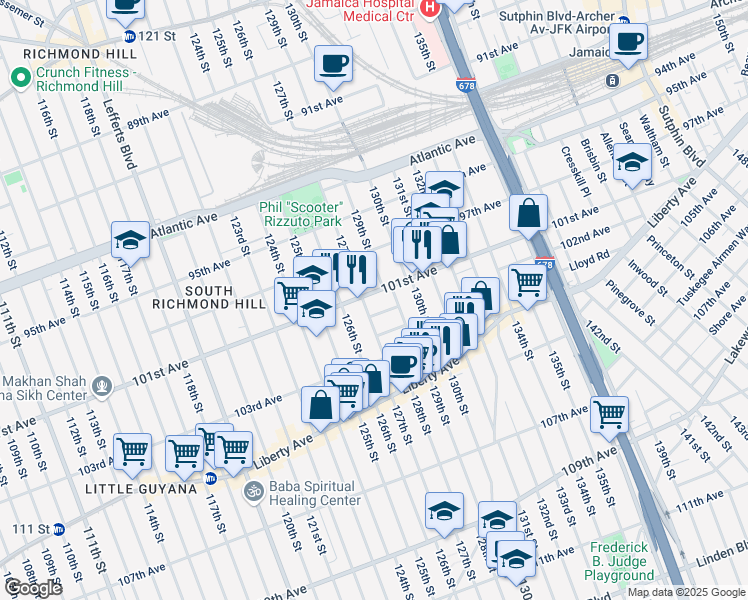 map of restaurants, bars, coffee shops, grocery stores, and more near 127-30 101st Avenue in Queens