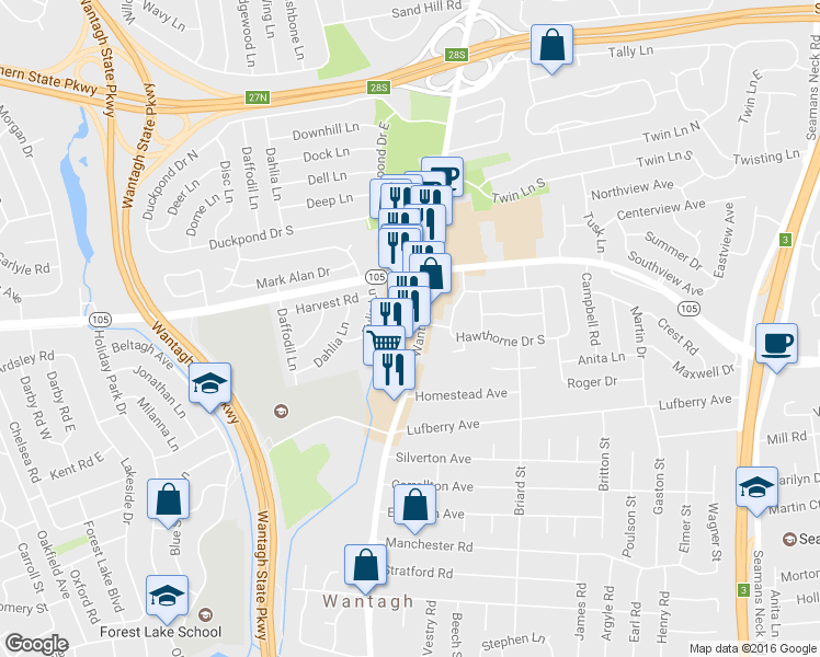 map of restaurants, bars, coffee shops, grocery stores, and more near 1260 Wantagh Ave in Wantagh