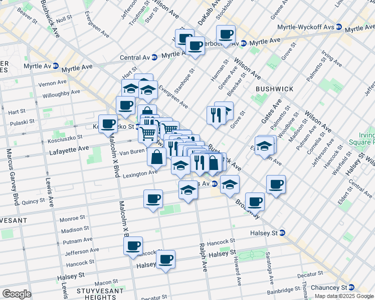 map of restaurants, bars, coffee shops, grocery stores, and more near 13 Goodwin Place in Brooklyn
