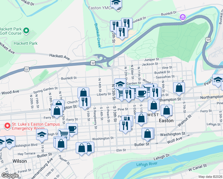 map of restaurants, bars, coffee shops, grocery stores, and more near 127 North 13th Street in Easton
