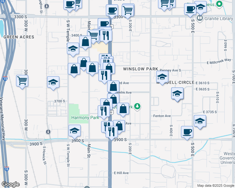 map of restaurants, bars, coffee shops, grocery stores, and more near 116 East Helm Avenue in South Salt Lake
