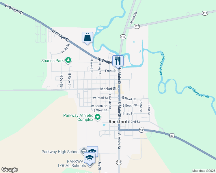 map of restaurants, bars, coffee shops, grocery stores, and more near 201 Market Street in Rockford