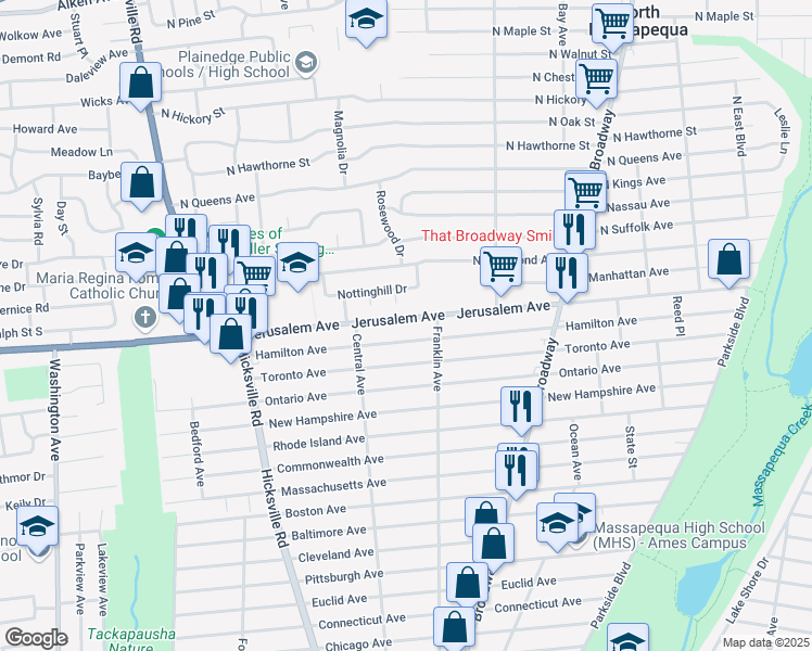 map of restaurants, bars, coffee shops, grocery stores, and more near 138 Jerusalem Avenue in Massapequa