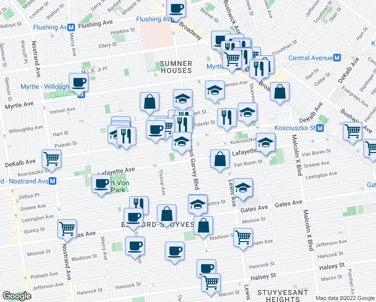 map of restaurants, bars, coffee shops, grocery stores, and more near 360 Kosciuszko Street in Brooklyn