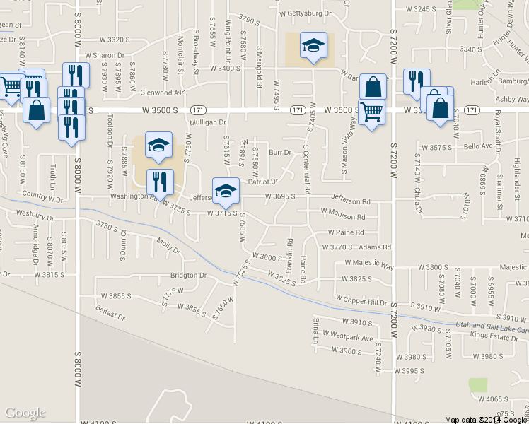 map of restaurants, bars, coffee shops, grocery stores, and more near 3707 Jefferson Circle in Magna