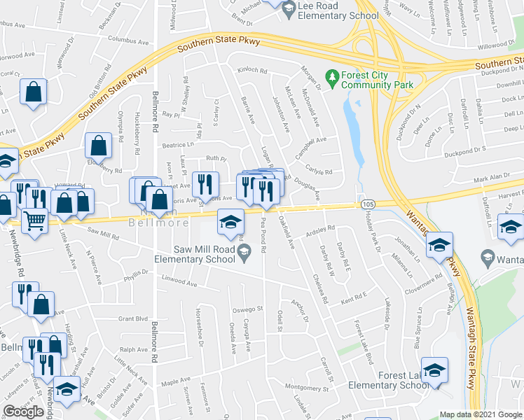 map of restaurants, bars, coffee shops, grocery stores, and more near 2835 Jerusalem Avenue in North Bellmore