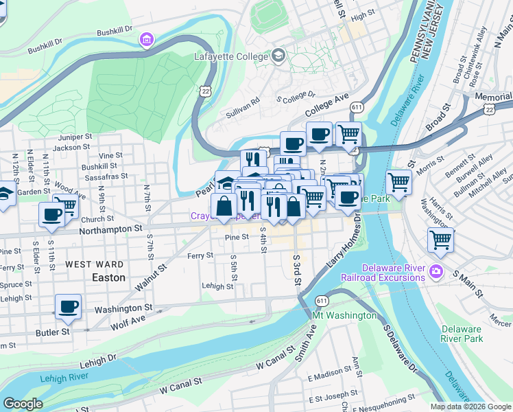 map of restaurants, bars, coffee shops, grocery stores, and more near 26 North 4th Street in Easton
