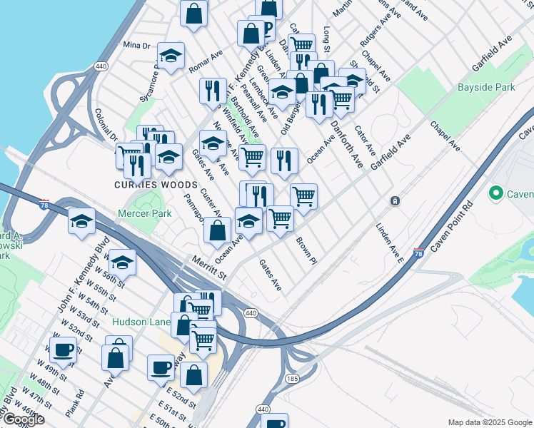 map of restaurants, bars, coffee shops, grocery stores, and more near in Jersey City