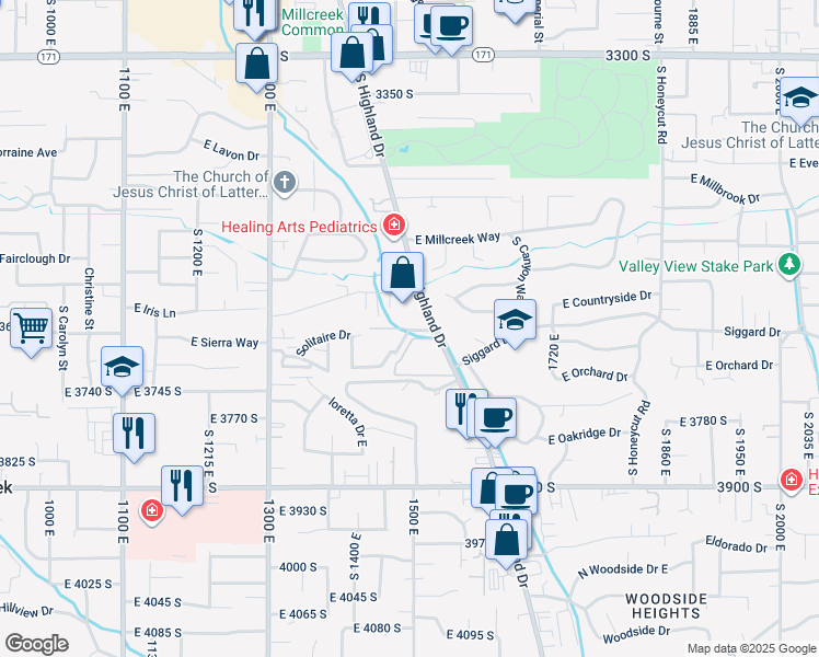 map of restaurants, bars, coffee shops, grocery stores, and more near 1493 Vineyard Court in Millcreek