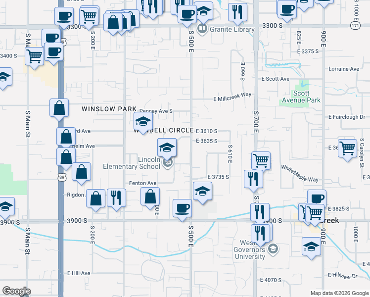 map of restaurants, bars, coffee shops, grocery stores, and more near 3646 500 East in South Salt Lake