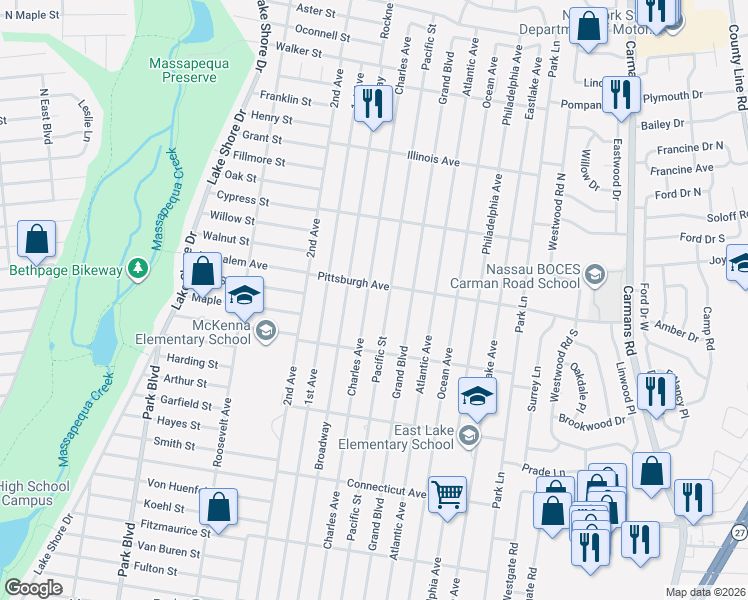 map of restaurants, bars, coffee shops, grocery stores, and more near 290 Charles Avenue in Massapequa Park