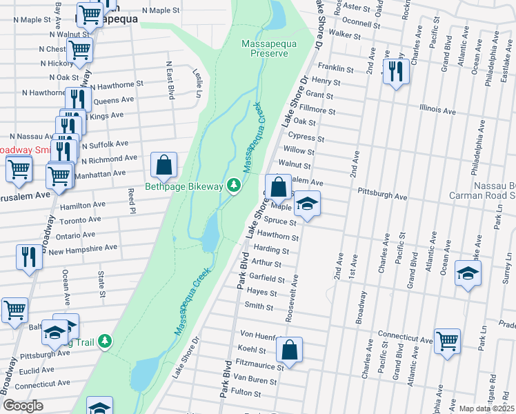 map of restaurants, bars, coffee shops, grocery stores, and more near 1269 Lake Shore Drive in Massapequa Park