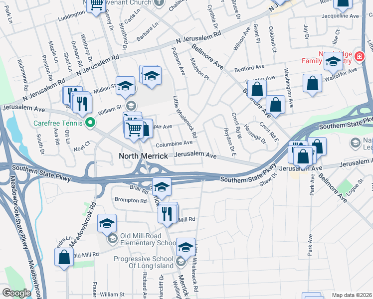 map of restaurants, bars, coffee shops, grocery stores, and more near 55 Columbine Avenue in Merrick