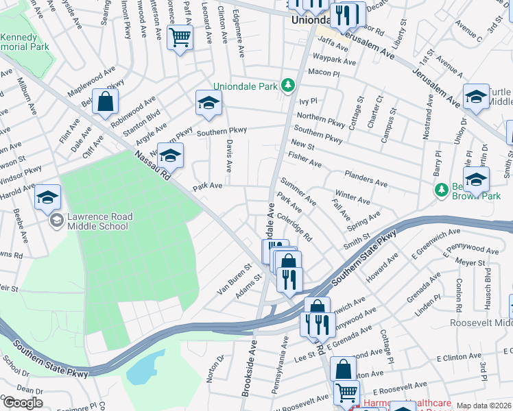 map of restaurants, bars, coffee shops, grocery stores, and more near 891 Cornwell Avenue in Uniondale