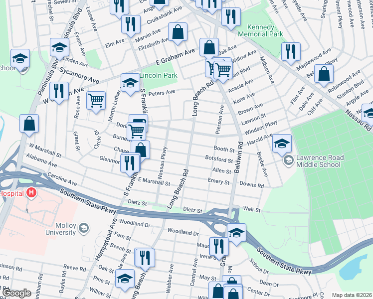 map of restaurants, bars, coffee shops, grocery stores, and more near 86 Booth Street in Hempstead