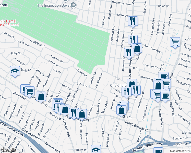 map of restaurants, bars, coffee shops, grocery stores, and more near 648 Dorothea Lane in Elmont