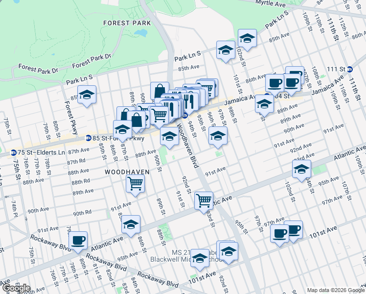 map of restaurants, bars, coffee shops, grocery stores, and more near 87-64 94th Street in Queens