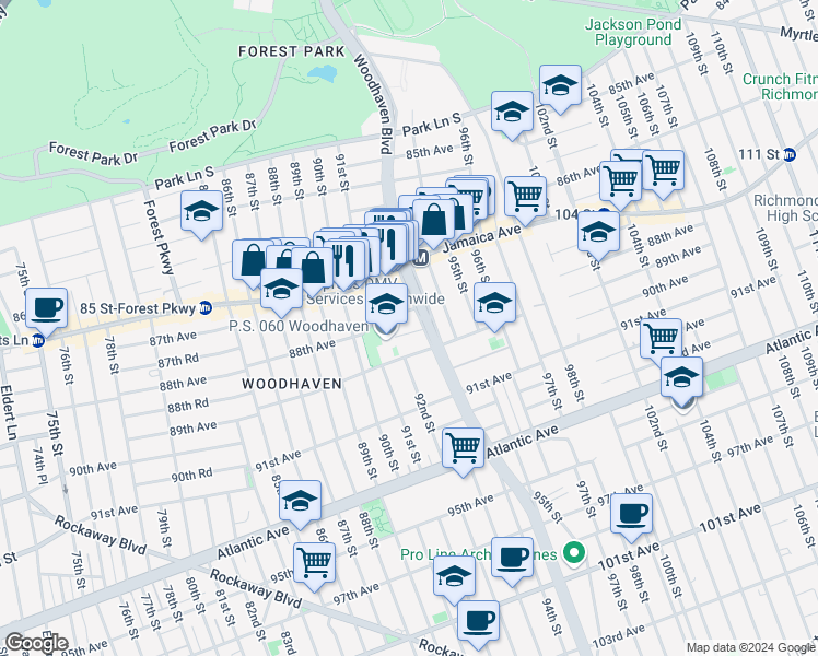 map of restaurants, bars, coffee shops, grocery stores, and more near 9206 88th Avenue in Queens