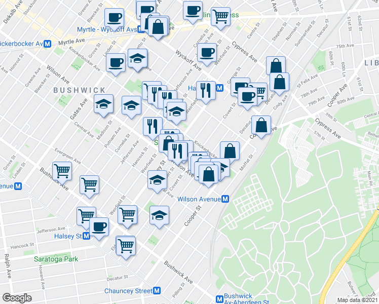 map of restaurants, bars, coffee shops, grocery stores, and more near 273 Eldert Street in Brooklyn