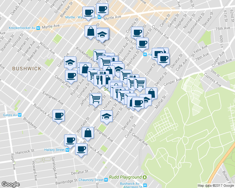 map of restaurants, bars, coffee shops, grocery stores, and more near in Brooklyn
