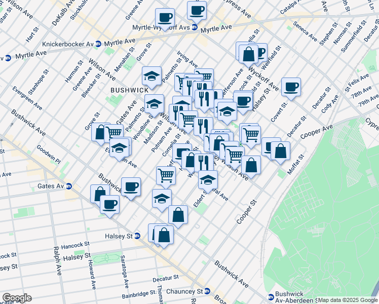 map of restaurants, bars, coffee shops, grocery stores, and more near 1266 Jefferson Avenue in Brooklyn
