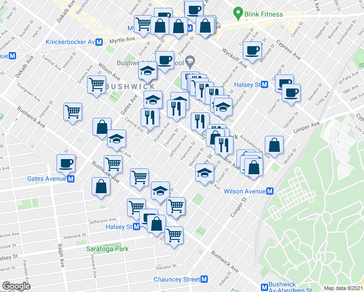 map of restaurants, bars, coffee shops, grocery stores, and more near 1266 Jefferson Avenue in Brooklyn