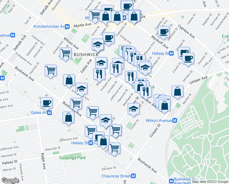 map of restaurants, bars, coffee shops, grocery stores, and more near 1266 Jefferson Avenue in Brooklyn