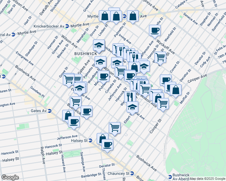 map of restaurants, bars, coffee shops, grocery stores, and more near 1266 Jefferson Avenue in Brooklyn