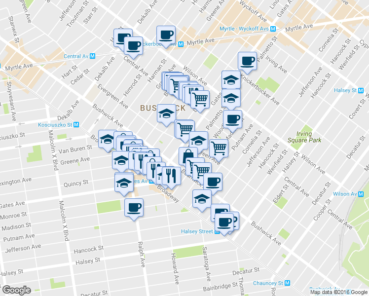 map of restaurants, bars, coffee shops, grocery stores, and more near 1179 Gates Avenue in Brooklyn